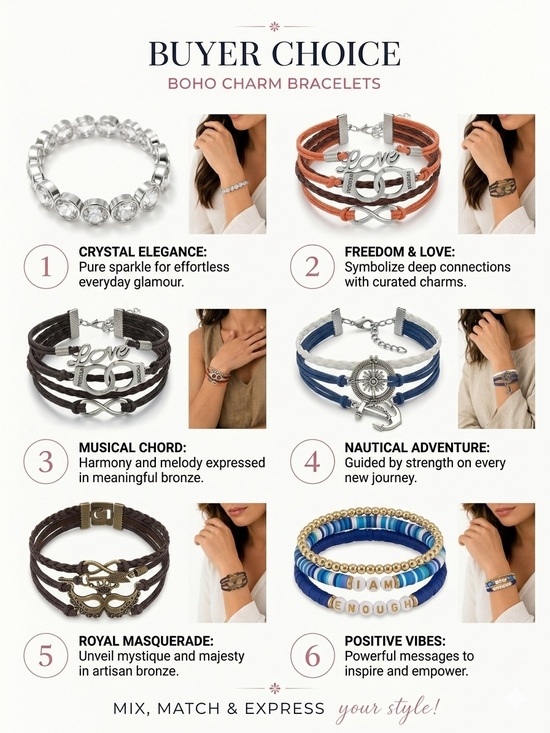 Jewelry - Boho Charm Bracelet: Buyer Pick— Blue, White, Brown, Silver, Crystal